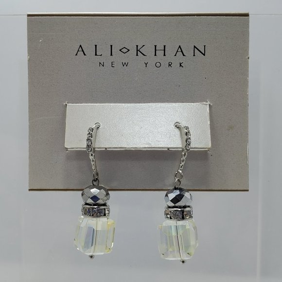 Ali khan glass cube bead clear with rhinestone fish hook earring - Picture 1 of 4